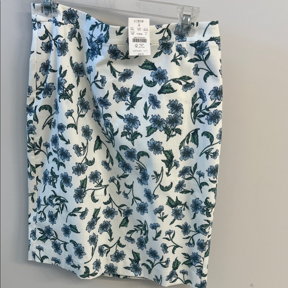 J. Crew White and Blue Floral Pencil Skirt